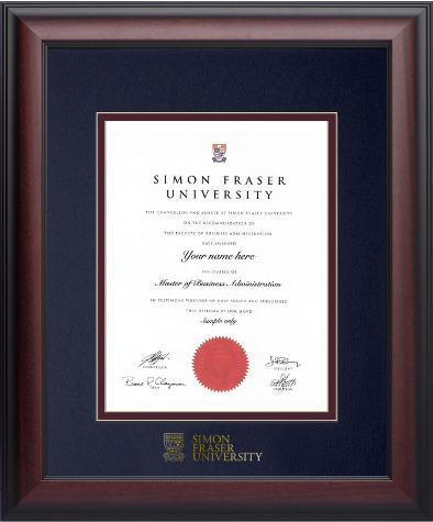 Satin mahogany finish diploma frame with gold embossed SFU logo.